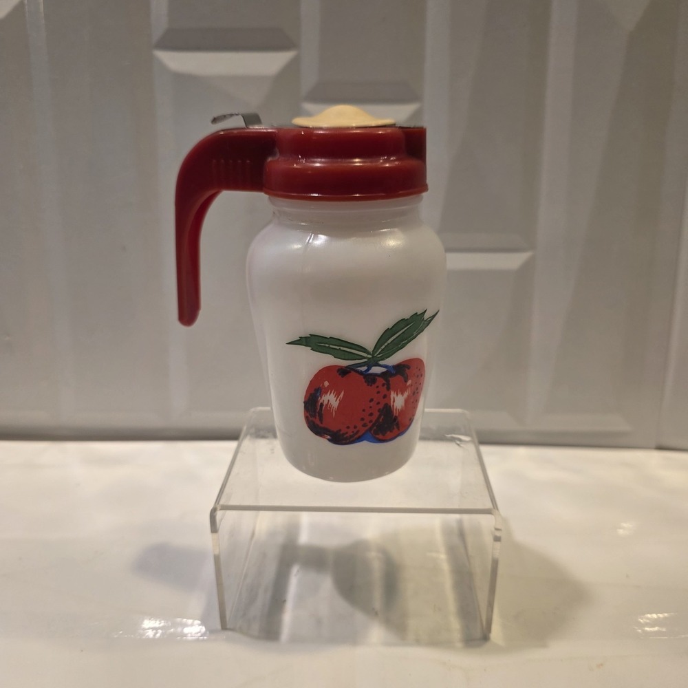 Vintage Fire-King Milk Glass Apples & Cherries Syrup Dispenser PAL No-Drip Lid